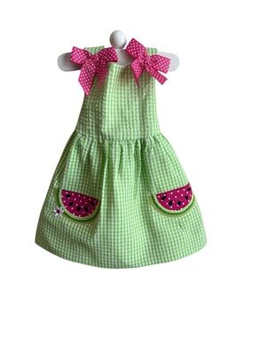Rare Editions Girls' Green Gingham Watermelon Pocket Dress with Pink Bow Straps